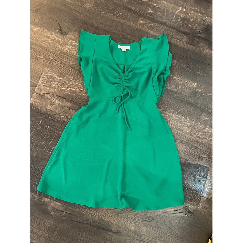 Monteau Los Angeles Green Dress Ruffle Sleeve Tie Front Casual M